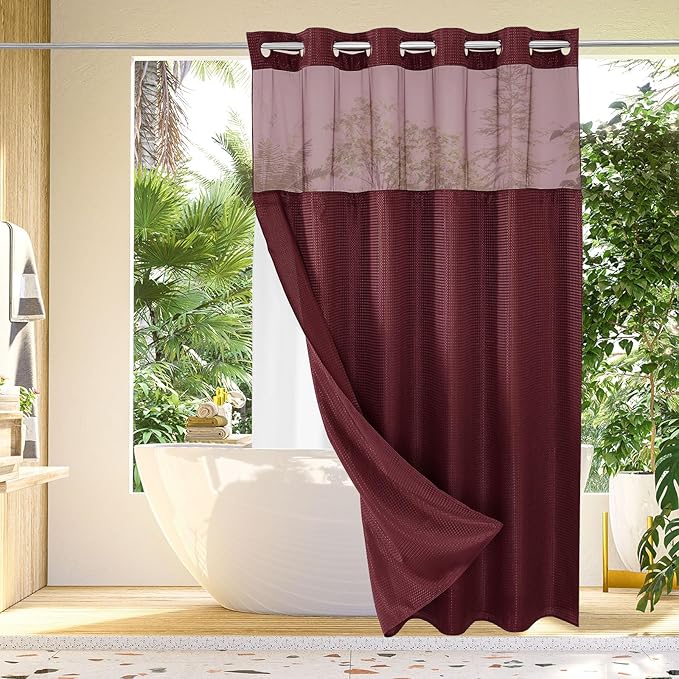 Gibelle Long Shower Curtain 72x80, Waffle Weave Bathroom Shower Curtain with Snap-in Fabric Liner Set, No Hooks Needed, Hotel Style with Mesh Top Window, Burgundy