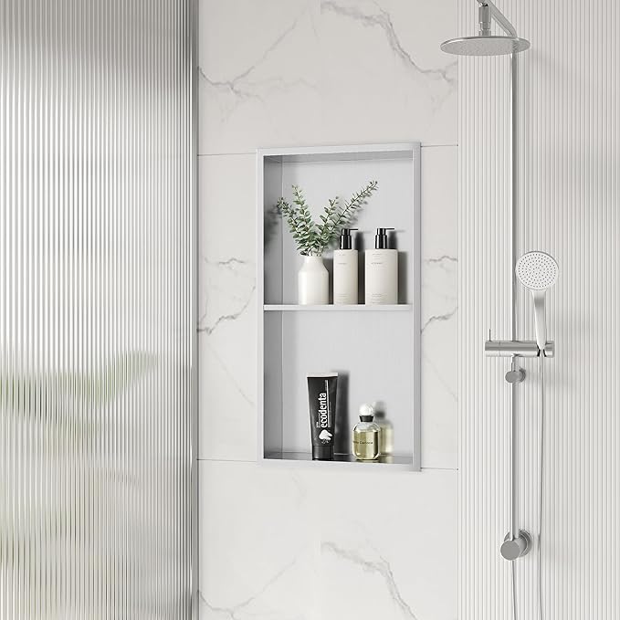 Stainless Steel Shower Niche 24" X 12", No Tile Needed Wall Niche Double Shelves, Recessed Niche Shower for Bathroom Storage, Brushed Nickel