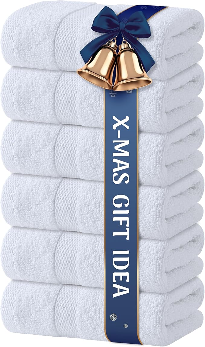 White Hand Towels Set for Bathroom, 6 Pack - Cotton Hand Towel Set for Gym, Kitchen and Spa, 16x27 Inches Soft Highly Absorbent Quick Dry Terry Salon Towels