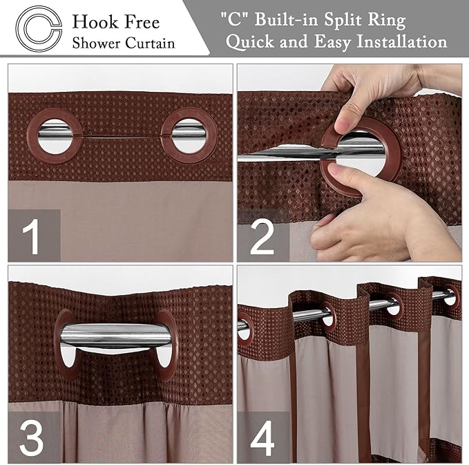 Gibelle Extra Long Shower Curtain 72x86, Waffle Weave Bathroom Shower Curtain with Snap-in Fabric Liner Set, No Hooks Needed, Hotel Style with Mesh Top Window, Brown