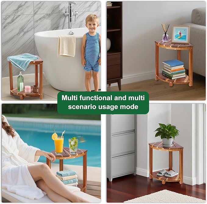 Bathroom Corner Shower Stool with Storage Shelf, Shower Feet Stool, Non-Slip Adjustable Feet Drain Holes, for Shaving Legs, SpacemSaving Shower Bench with Storage for Small Spaces
