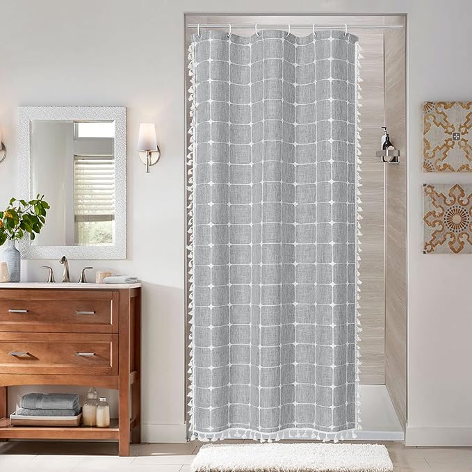 MitoVilla Tan Boho Small Stall Shower Curtain 36 x 72, Narrow Polyester Linen Fabric Shower Curtains for Farmhouse Bathroom Decor, Brown Half Size Cloth Shower Curtain Set with Hooks, Taupe