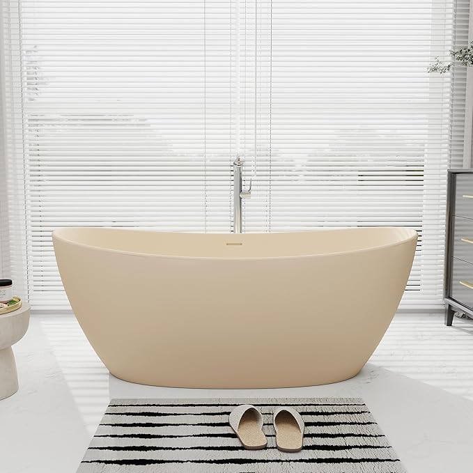 SJ STAR&JANE 65" Solid Surface Freestanding Bathtub Stone Resin Soaking Tub Milk Coffee Double Slippers Stand Alone Oval Tub with Pop-up Drain and Overflow for Bathroom