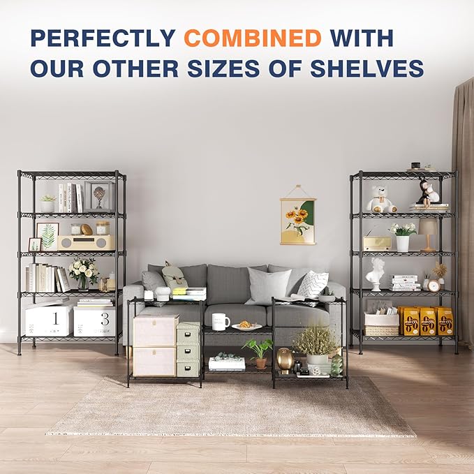 5-Tier Heavy Duty Wire Shelving Unit,35" Wx18 Dx71 H,Wire Shelf Racks with Wheels,Height Adjustable Storage Metal Shelves for Kitchen,Garage,Office,Living Room,Pantry,Black
