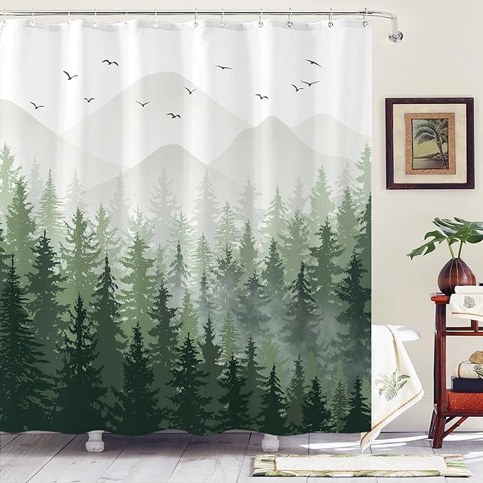 Aipon Green Misty Forest Shower Curtain Ombre Nature Tree Plants Shower Curtains Fabric Waterproof Mountain Shower Curtain Sets for Bathroom Bath Decor with 12 Hooks (Green, 72'' × 78'')