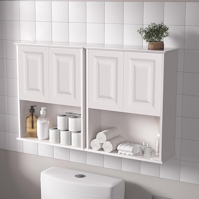 White Bathroom Wall Cabinet,Over The Toilet Storage Cabinet,Bathroom and Laundry Wall Mount Storage Medicine Cabinet with Open and Adjustable Shelf,Easy Assembly (Style B-1 PC, White)
