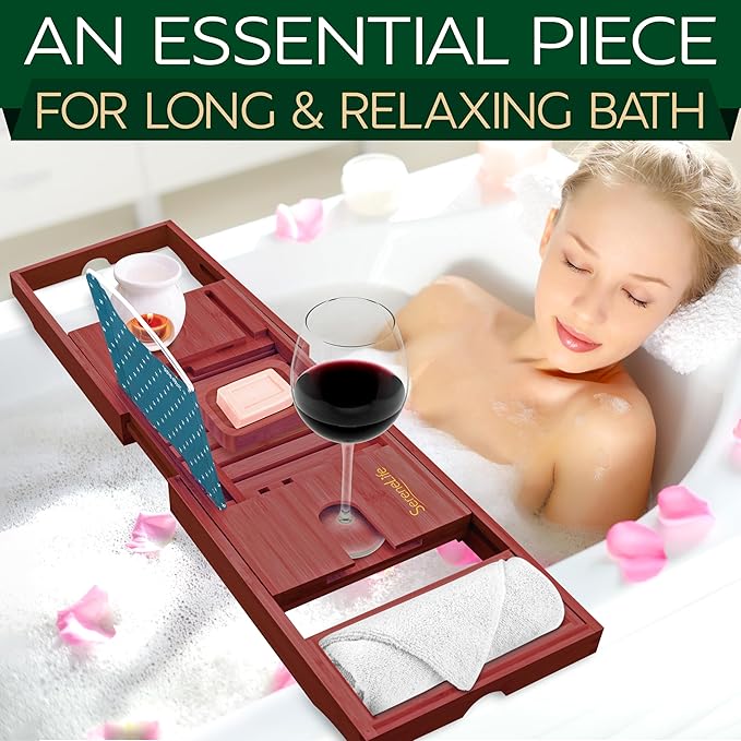 SereneLife Bathtub Tray - Expandable Bath Tray for Tub, Adjustable Bamboo Caddy with with Non-Slip Handles, Device Holder and Wine Glass Slot for Bathing Luxury (Brown, Soft Back, Gift Set)