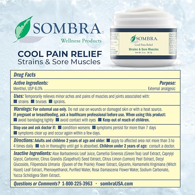 Sombra Warm & Cool Pain Relief Gel, Warm Relief for Arthritis and Chronic Pain Pre-Workout Muscle Rub, Cold for Swelling, Soreness, Post-Workout, Free of Artificial Fragrances, 2oz Per Jar