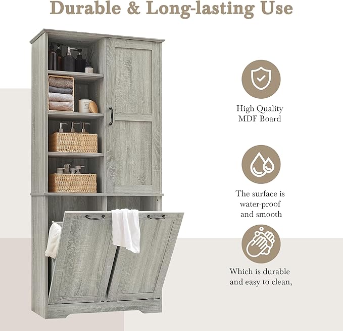 Favfurish 68" Tall Bathroom Storage Cabinet with Door and 2 Tilt-Out Laundry Hampers,Modern Linen Cabinets w/Open Shelf & Adjustable Shelves,Freestanding Organizer for Laundry Room,Kitchen,Oak