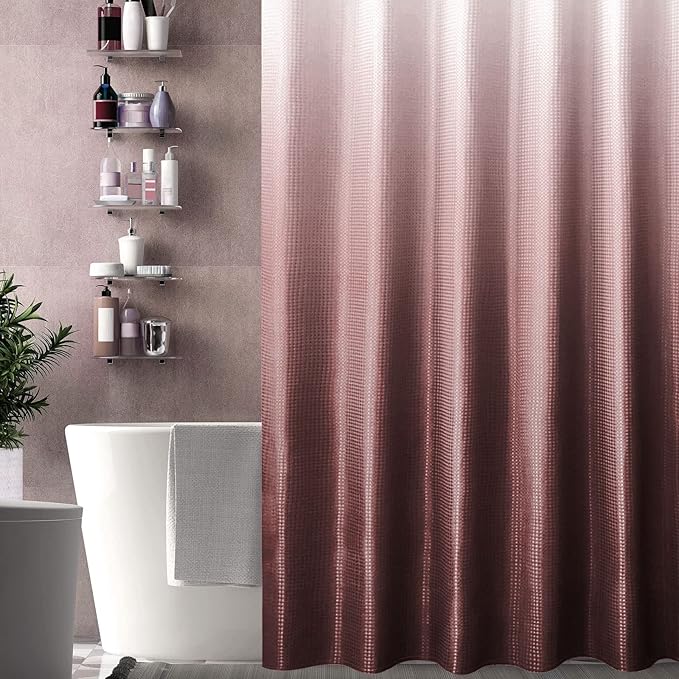 Gibelle Burgundy Fabric Shower Curtain, Ombre Shower Curtains for Bathroom, Waffle Weave Textured Shower Curtain Set with Hooks, Water Repellent and Machine Washable, 72 x 72