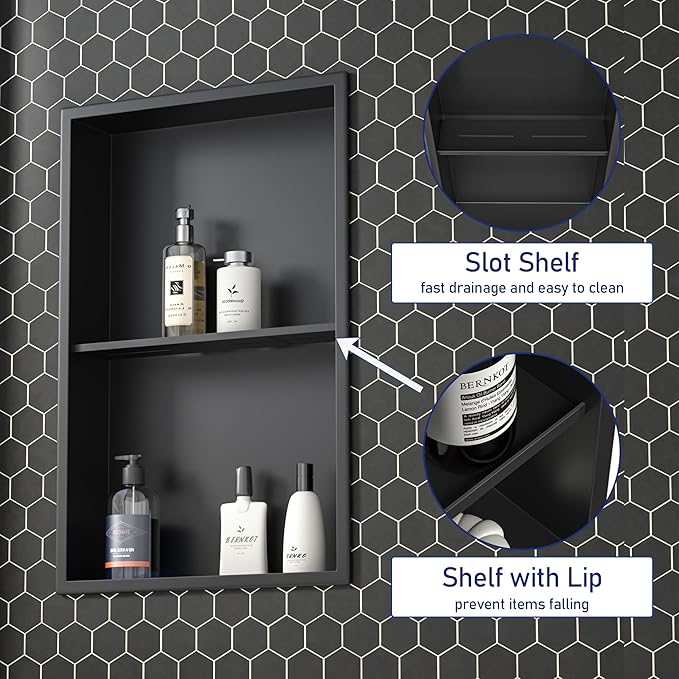 Stainless Steel Shower Niche 24"×14" Matte Black with Shelf No Tiled Needed Niche Shower for Bathroom Wall Recessed Shower Box for Bathroom Storage