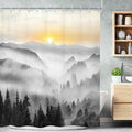 Riyidecor Misty Mountain Shower Curtain 60Wx72H Inch Sunrise Foggy Woodland Greenery Smokey Black Spring Scenery Tree Nature Pine Scenic Bathroom Decor Fabric Polyester Waterproof 12 Pack Hooks