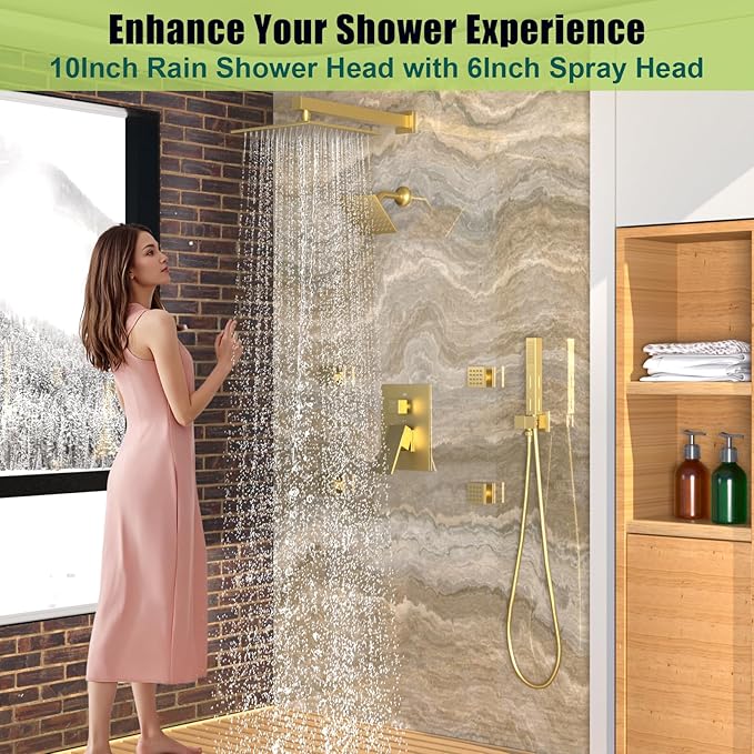 Enga Shower Faucet Set, Dual Shower Head System with Body Jets, 10" & 6" Rain Showerheads with 4 Jets, 2 in 1 Handheld Spray, 4 Way Shower Diverter, Brushed Gold