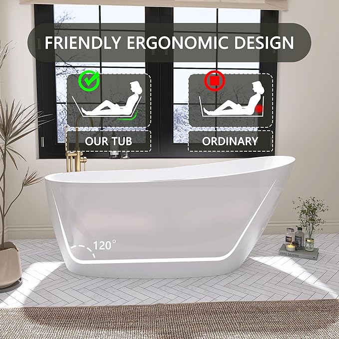 67" Free Standing Tub, Pure Acrylic Freestanding Bathtub, Stylish Stand Alone Tub, Contemporary Deep Soaking Bath Tub, cUPC Certified SY9970 (Glossy White)