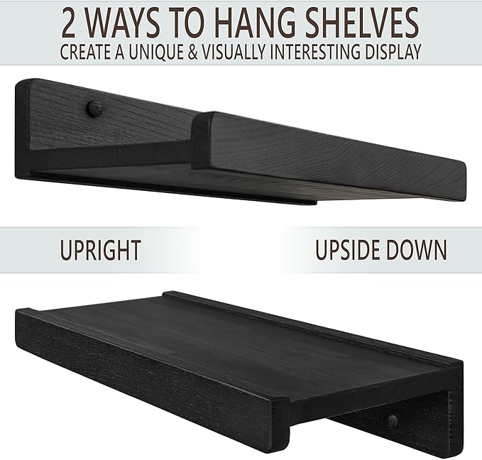 Wood Wedge Floating Shelves for Wall 24 inch, Photo & Picture Ledge, Black Modern Wall Storage Shelves with Lip, Kids Book Shelf, Shelves for Bedroom, Living Room, Bathroom, Kitchen, Set 2