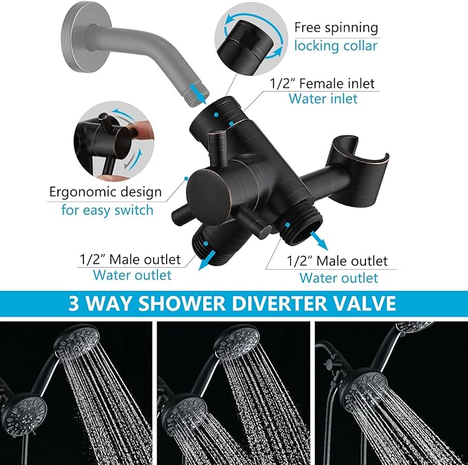 PDPBath Solid Brass Shower Arm 3 Way Shower Diverter Valve for Hand Held Showerhead and Fixed Spray Head, G1/2 Universal Connection - Oil Rubbed Bronze