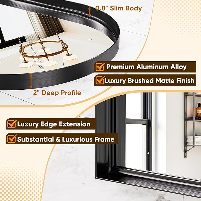 Arched Mirror 24"x36", Bathroom Mirror, Wall Mounted Vanity Mirror with Arch Metal Frame for Bathroom, Over Sink, Bedroom, Living Room, Deep Frame, Black