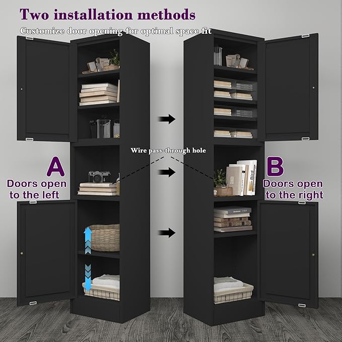 COFaR 67" Tall Metal Bathroom Storage Cabinet,6-Tier Freestanding Linen Tower with 2 Doors,Narrow Slim Metal Locker Storage Cabinet for Small Spaces,Modern,Black
