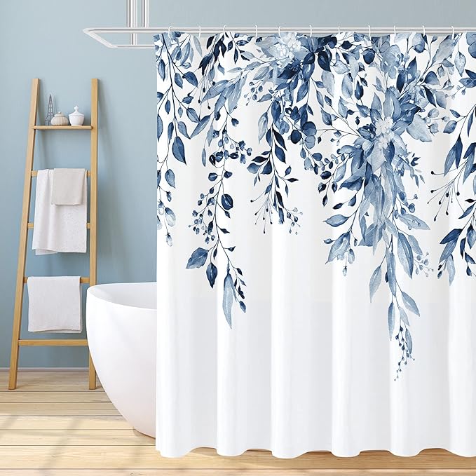 Gibelle Navy Blue Eucalyptus Shower Curtain, Watercolor Plant Leaves with Floral Bathroom Shower Curtain Set, 72x72