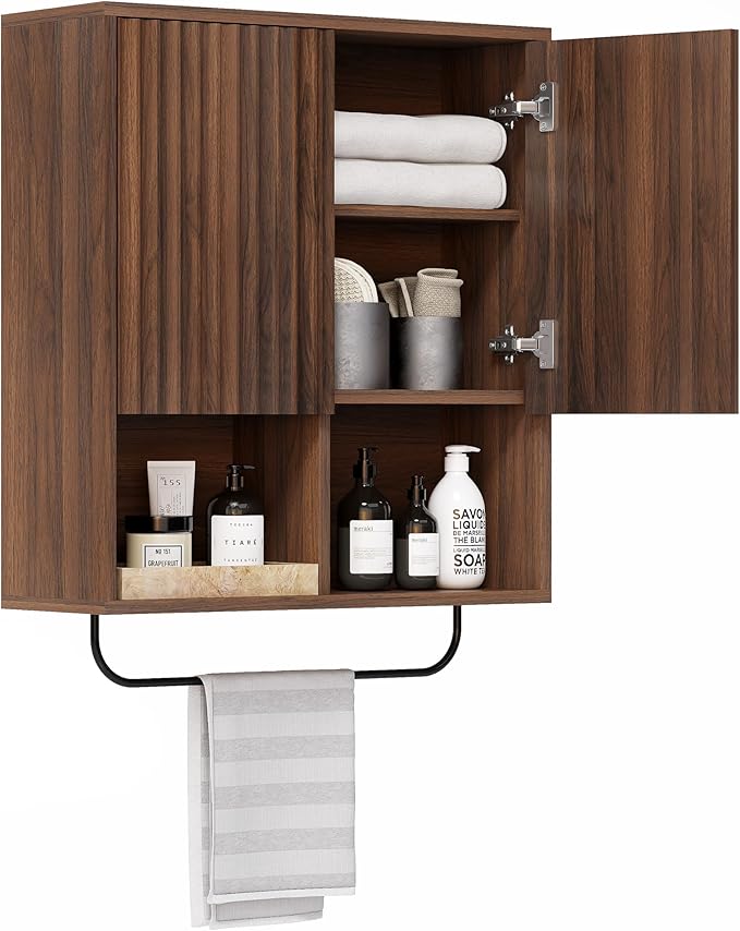 Bathroom Wall Cabinet, Fluted Wooden Medicine Cabinet Storage with 2 Doors, Adjustable Shelf and Towels Bar, Modern Wall Mount Large Floating Cabinet for Kitchen Laundry Room Brown