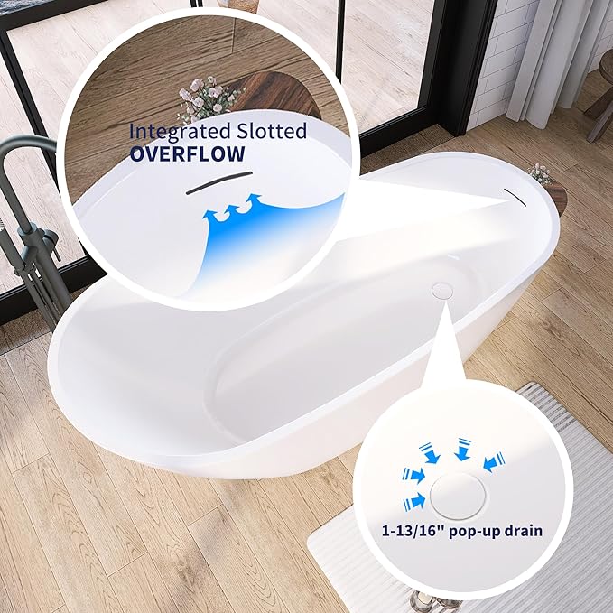 59" Acrylic Free Standing Tub, Stand Alone Tub, Freestanding Bathtub, Soaking Bathtub, cUPC Certified, CM(Glossy White)