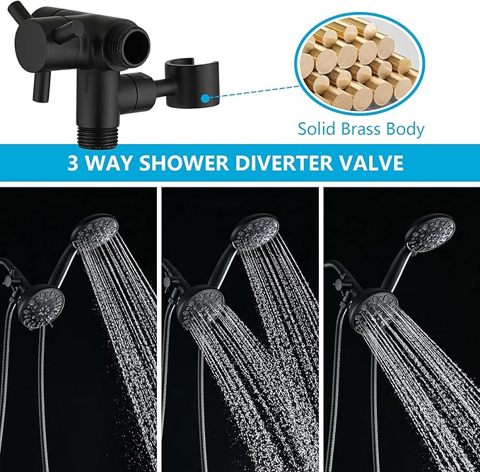 PDPBath Solid Brass 3 Way Shower Arm Diverter Valve with Handheld Holder for Dual Shower Heads with G1/2 Universal Connection - Matte Black
