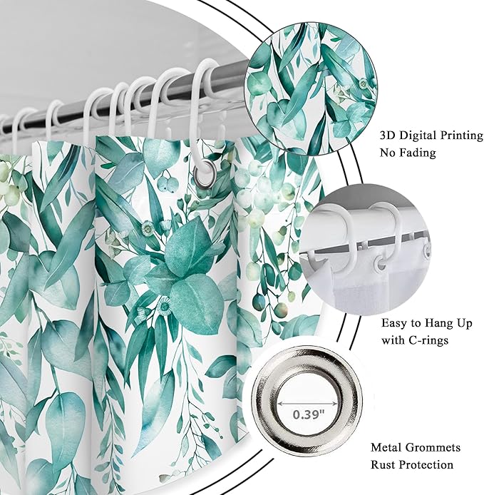 Riyidecor Teal Eucalyptus Leaves Shower Curtain for Bathroom Decor 60Wx72H Botanical Plants Spring Flower Herbs Botany Floral Art Printed Fabric Polyester Waterproof 12 Pack Plastic