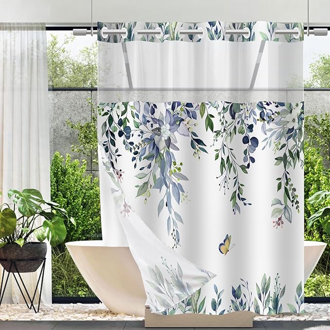 No Hook Shower Curtain and Liner Set, Green Eucalyptus Floral Shower Curtains for Bathroom, Bath Curtain Sets with Snap in Liner, Waterproof with See Through Top Window, 71x74 Inches