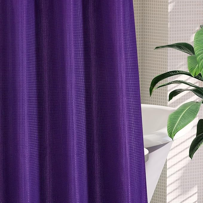 MitoVilla Purple Waffle Small Stall Shower Curtain Liner Set 36 x 74, No Hooks Needed Half Size Narrow Waffle Weave Fabric Shower Curtain Set with Snap-in Liner for Modern Spa-Like Bathroom Decor
