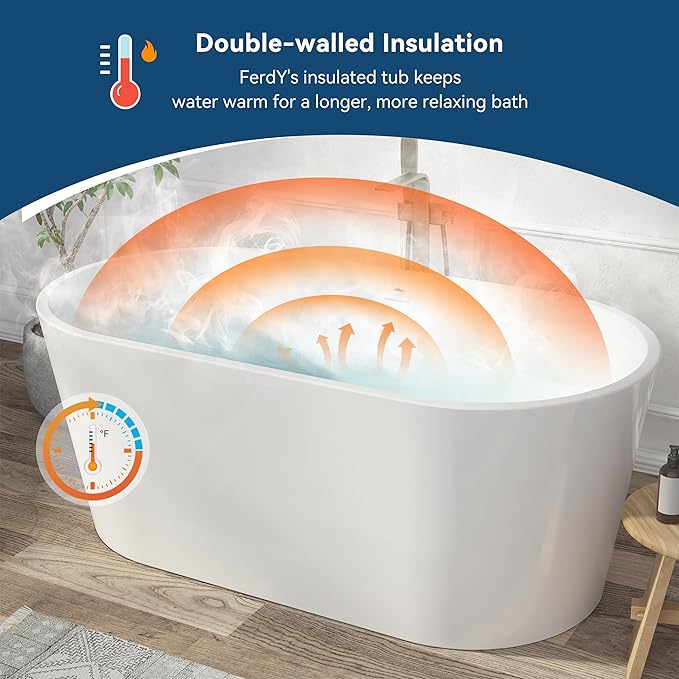 FerdY Shangri-La 59" Acrylic Freestanding Bathtub, Gracefully Shaped Soaking Bathtub, Glossy White, cUPC Certified, Polishe White Drain & Minimalist Linear Design Overflow Included, 02522