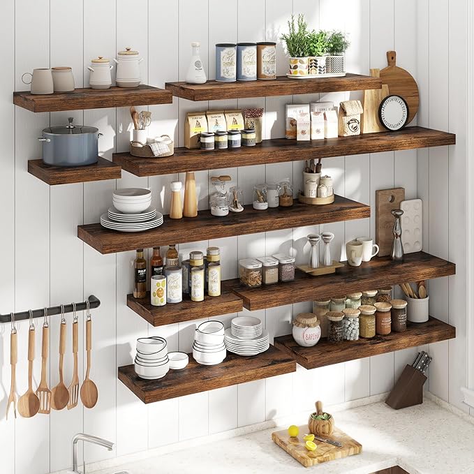 40 Inch Long Floating Shelves for Wall 2 Pack, 12"D Wood Grain Bathroom Shelves with Invisible Brackets, Easy Install Engineered Wood Storage Shelves for Kitchen, Living Room, Bedroom, Rustic Brown