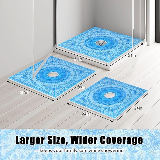Square Shower Mat Non Slip: 27x27 Inch Extra Large Shower Floor Mat with Drain Hole in Middle - Soft PVC Loofah Bath Mat for Shower - Anti Slip Shower Stall Mat for Elderly and Kids