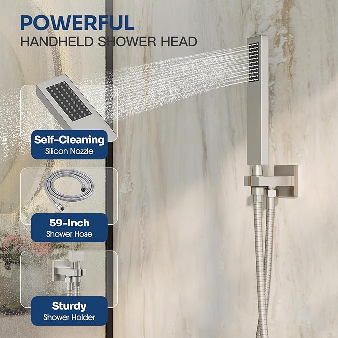 Ceiling Mount Shower System, Shower Faucet Set with 12-Inch Rain Showerhead and Handheld Spray Combo, High-Pressure Showerheads Set with Valve and Trim Kit, Brushed Nickel
