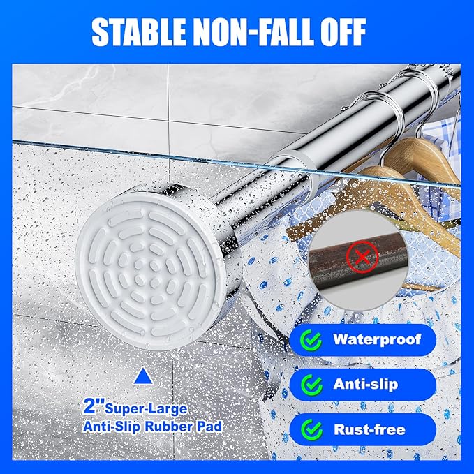 Ausemku Shower Curtain Rod - 32-92 Inch Rustproof Tension Rod, Non-Slip Spring Design, No Drilling Adjustable Curtain Rod for Bathroom, Kitchen, and Closet（Silver）