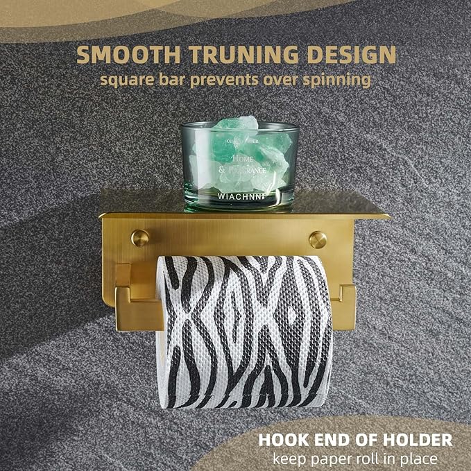 Angle Simple Toilet Paper Holder with Shelf, 304 Stainless Steel Bathroom Tissue Roll Holder for Wall, Brassy Gold