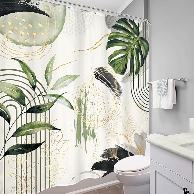Grey Green Boho Shower Curtain 72Wx72H Abstract Tropical Palm Leaves Modern Bohemian Minimalist Gold Leaf Mid Century Plant Bathroom Decor Botanical Bath Curtain Fabric Polyester 12 Pack Hooks