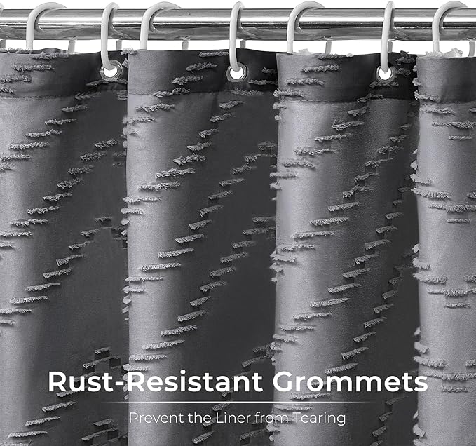 Extra Long Grey Boho Shower Curtain 84 Inch Grey Tufted Chevron Striped Fabric Shower Curtains for Bathroom Modern Shabby Chic Waterproof Cloth Shower Curtain Set with Hooks