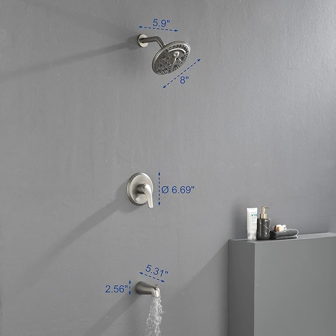 SHAMANDA Shower Tub Faucet Set with Rough-in Valve and Trim Kit, Shower System with Waterfall Diverter Tub Spout, Single Handle 8 Inch 6-Spray Rain Shower Head Combo Set, Brushed Nickel, L818-2