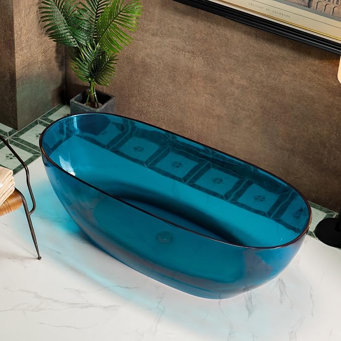 WOODBRIDGE 63" L x 28-3/8" W Transparent Blue Stone Resin Freestanding Soaking Tub with Double Ended Design