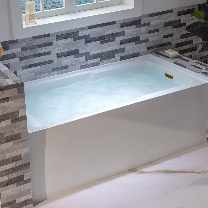 WOODBRIDGE 54" Acrylic Rectangular Alcove Soaking Bathtub in White with Right Drain, Brushed Gold Pop-Up Drain Included BA5430R
