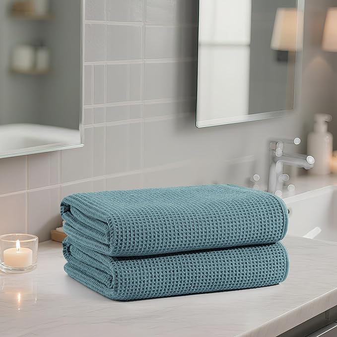 POLYTE 380 GSM Microfiber Oversize Quick Dry Lint Free Waffle Bath Towel for Body, 60 x 30 in, Set of 2