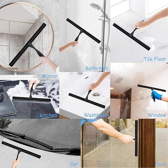 Shower Squeegee for Glass Doors, 14 Inches Bathroom Squeegee with Spare Silicone Blade, Shower Door Hook and Adhesive Hook, Stainless Steel Bathroom Squeegee for Mirror Window (14in-Black-1 Pack)