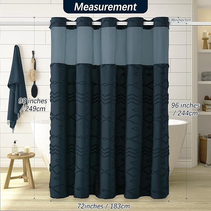 Extra Long No Hooks Shower Curtains, 98 Inches Long Boho Tufted Chevron Striped Fabric Shower Curtain for Bathroom with Snap in Liner, Navy Water Resistant Cloth Shower Curtain Set