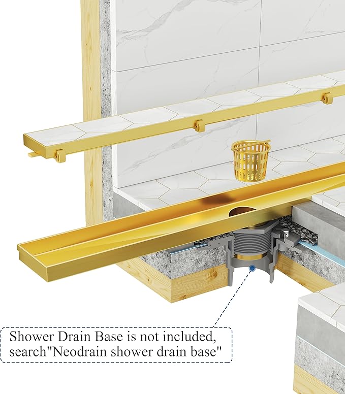 Neodrain 24-Inch Gold Linear Shower Drain with Tile Insert Cover, Golden 304 Stainless Steel Rectangle Shower Floor Drain, Linear Drain with Leveling Feet, Hair Strainer, CUPC Certified