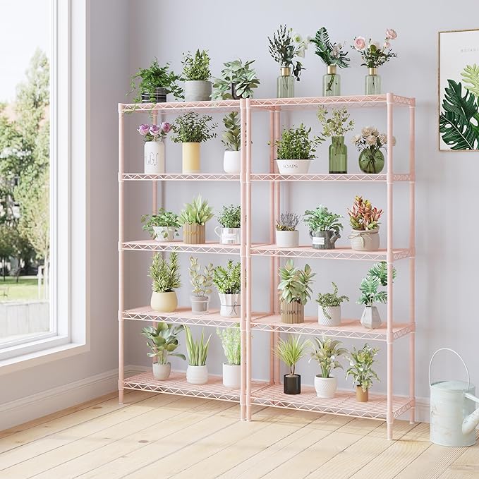 5 Tier Storage Racks Shelving, Heavy Steel Pantry Shelves, Adjustable Wire Shelving Rack, Suitable for Garage, Kitchen, Bathroom, Office, 29" W x 13.4" D x 59" H, Pink