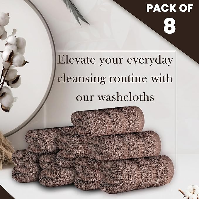 HALLEY Turkish 8 Pack Premium Washcloths (8 Pieces) 650 GSM Highly Absorbent Super Soft 100% Cotton - 8 Washcloths (Brown)