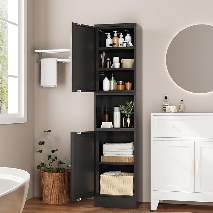 Tall Bathroom Storage Cabinet, Metal Narrow Cabinet with Ajustable Shelves Open Countertop, Slim Pantry Cabinets for Small Spaces, Living Room, Kicthen, Dining Room
