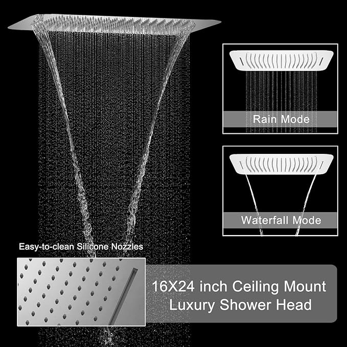 Polished Chrome Digital Display Shower System with 16X24 inch Ceiling Mounted Shower Head(Rain&Waterfall Modes), with Handheld Spray and 6 PCS Dual Modes Body Jet