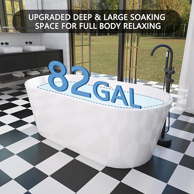 67" Free Standing Tub, Pure Acrylic Freestanding Bathtub, Stylish Stand Alone Tub, Contemporary Deep Soaking Bath Tub, cUPC Certified SY1570 (Glossy White)