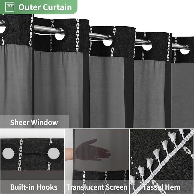 No Hook Extra Long Shower Curtain Set with Snap-in Liner,Linen Textured Thick Striped Fabric with Tassels,Boho Chic Modern Farmhouse Bathroom Curtain,Water-Repellent,Black,71x86